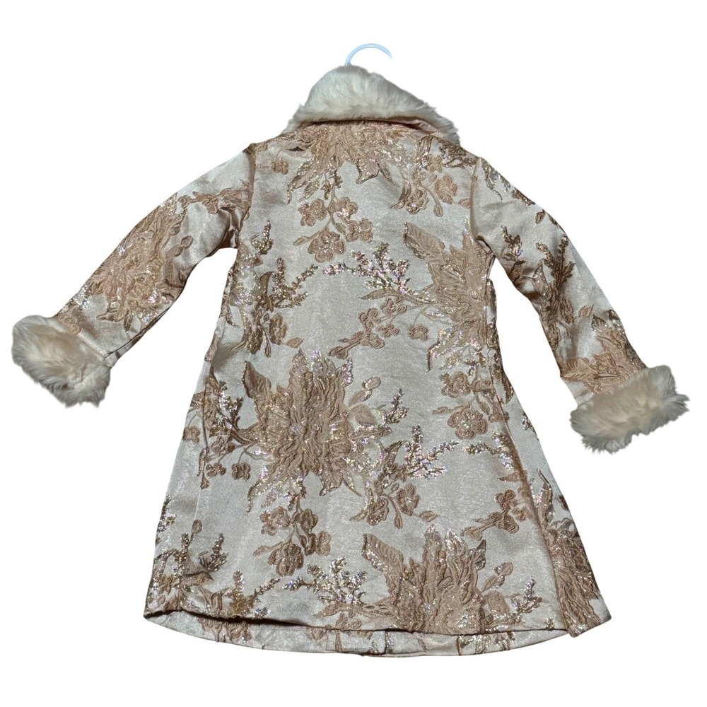 Blueberi Gold Toddler Girl Coat Dress 3T Gold Brocade Faux Fur Collar Holiday - Picture 8 of 9